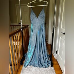 Sparkling Blue Gown (prom, winter ball) with Plunging Neckline